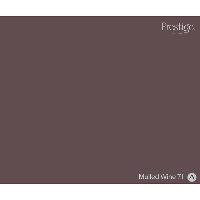 A solid color swatch card for Prestige Fine Paint in the shade 'Mulled Wine 71', showing a deep muted wine-brown color with the brand logo in the top right and the shade name in the bottom right.