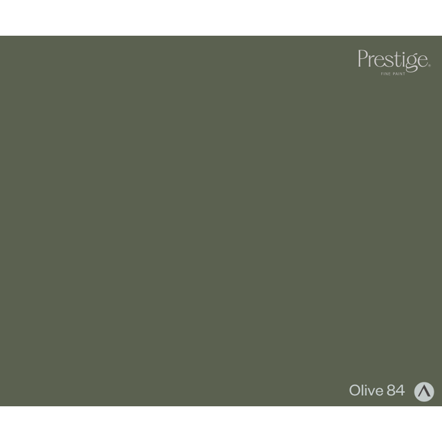 A solid color swatch card for Prestige Fine Paint in 'Olive 84', showing a dark olive green color with the brand logo in the top right and the color name in the bottom right.