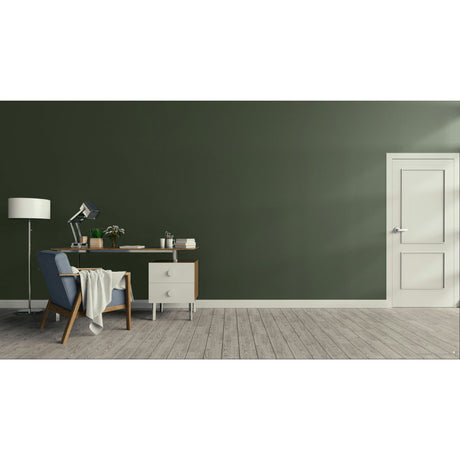 A modern room scene with a dark olive green wall, light wood plank flooring, a white door on the right, and a home office setup on the left featuring a desk, lamp, chair, and throw blanket.