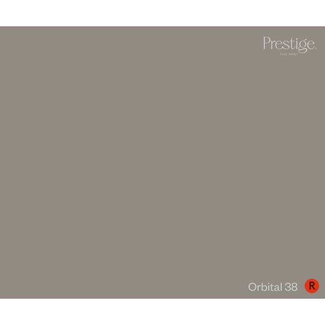 A solid taupe-gray color swatch with the Prestige brand logo in the top right corner and the text 'Orbital 38' with a red 'R' in the bottom right corner.