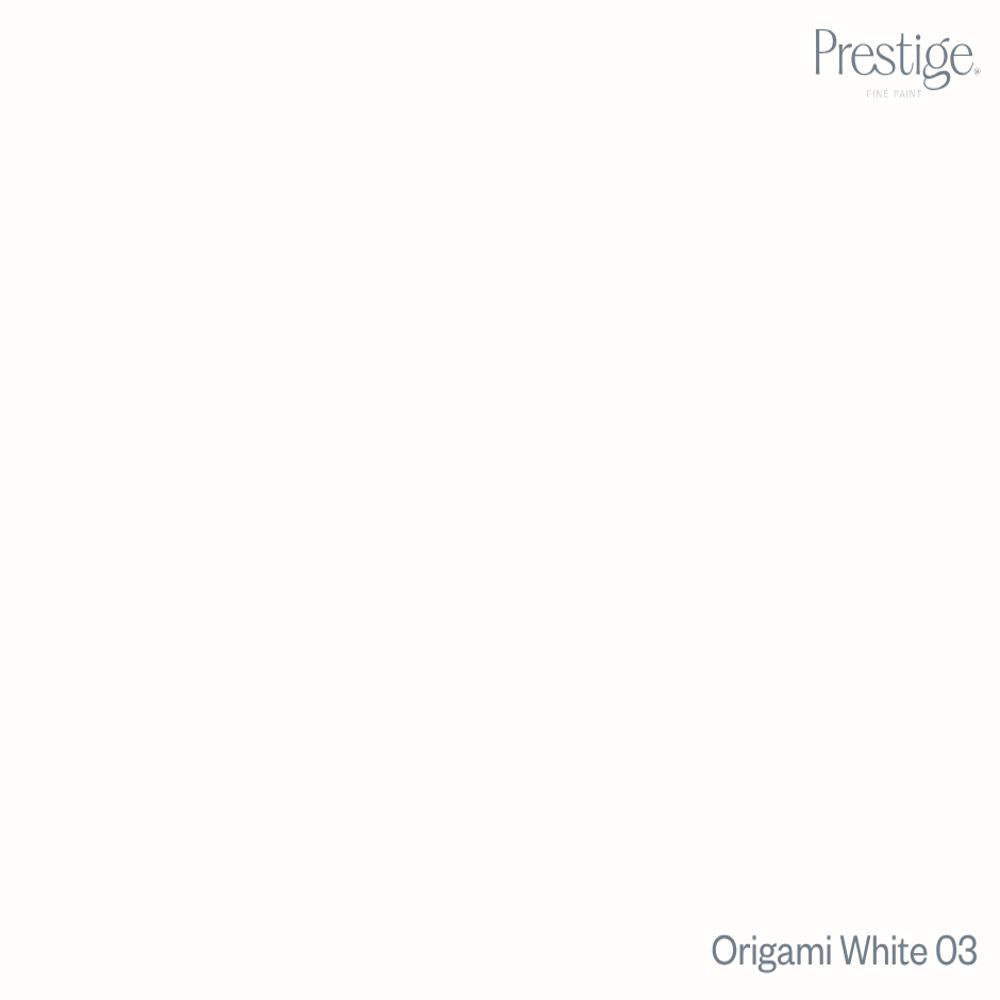A minimalist color swatch card for Prestige Origami White 03, featuring a solid off-white background with the Prestige brand name in the top right and the product code 'Origami White 03' in the bottom right.