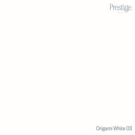 A minimalist color swatch card for Prestige Origami White 03, featuring a solid off-white background with the Prestige brand name in the top right and the product code 'Origami White 03' in the bottom right.