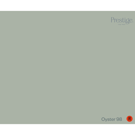 A flat, solid color swatch labeled 'Prestige.' in the top right and 'Oyster 98' with a red circle containing a white 'R' in the bottom right, representing the product color.