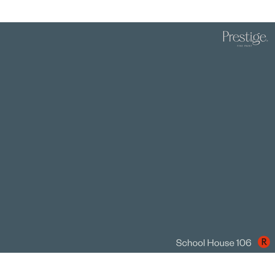 A solid slate blue-gray color swatch with the Prestige Fine Paint logo in the top right corner and the text 'School House 106' with a red 'R' in the bottom right corner.