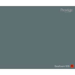 A solid color swatch card for Prestige Fine Paint in the color 'Seafoam 105', showing a muted, desaturated blue-green/gray color with the brand logo in the top right and the color name in the bottom right.