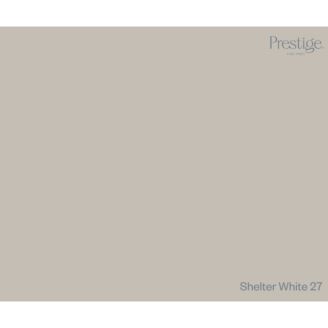 A solid color swatch card for Prestige. Home Paints in the color 'Shelter White 27', featuring a light warm gray-beige background with the brand name and product name printed in a muted blue-gray font.