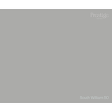 A solid gray color swatch tile with the Prestige brand logo in the top right corner and the text 'South William 50' in the bottom right corner.