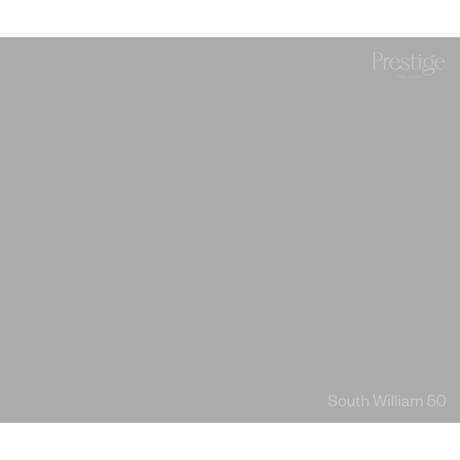 A solid gray color swatch tile with the Prestige brand logo in the top right corner and the text 'South William 50' in the bottom right corner.