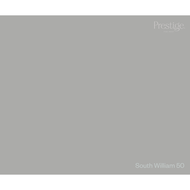 A solid gray color swatch tile with the Prestige brand logo in the top right corner and the text 'South William 50' in the bottom right corner.