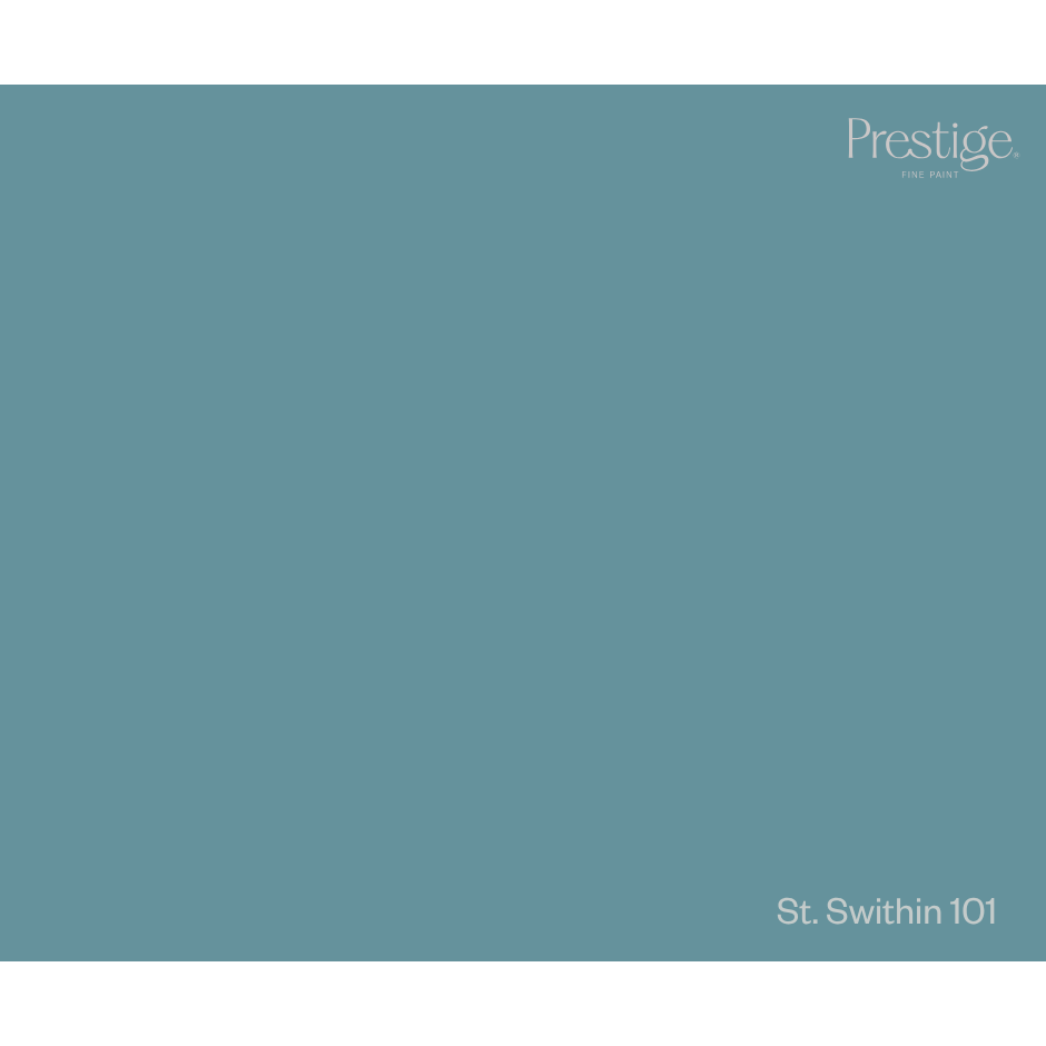 A solid color swatch card for Prestige Fine Paper in the shade 'St. Swithin 101', showing a muted teal-blue color with white text branding in the corners.
