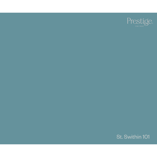 A solid color swatch card for Prestige Fine Paper in the shade 'St. Swithin 101', showing a muted teal-blue color with white text branding in the corners.