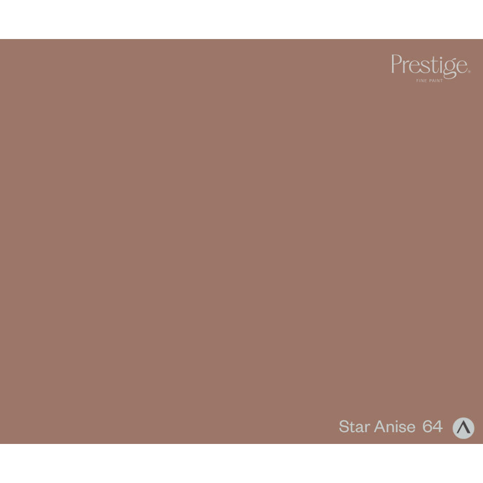 A solid color swatch card for Prestige Star Anise 64, showing a warm, muted brownish-beige tone with the Prestige logo in the top right and the shade name in the bottom right.