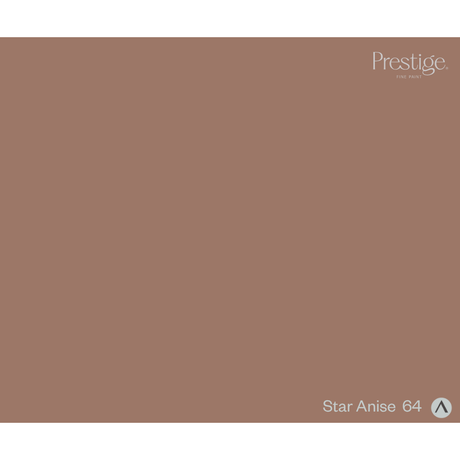 A solid color swatch card for Prestige Star Anise 64, showing a warm, muted brownish-beige tone with the Prestige logo in the top right and the shade name in the bottom right.
