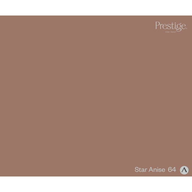 A solid color swatch card for Prestige Star Anise 64, showing a warm, muted brownish-beige tone with the Prestige logo in the top right and the shade name in the bottom right.