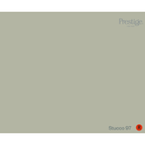 A solid color swatch card for Prestige Stucco 97, featuring a muted sage green color with the Prestige logo in the top right and the product code 'Stucco 97' in the bottom right.