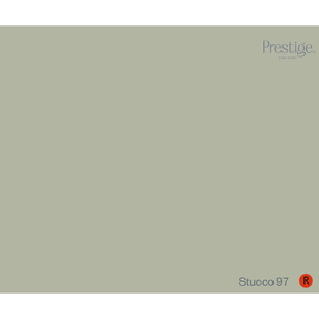 A solid color swatch card for Prestige Stucco 97, featuring a muted sage green color with the Prestige logo in the top right and the product code 'Stucco 97' in the bottom right.