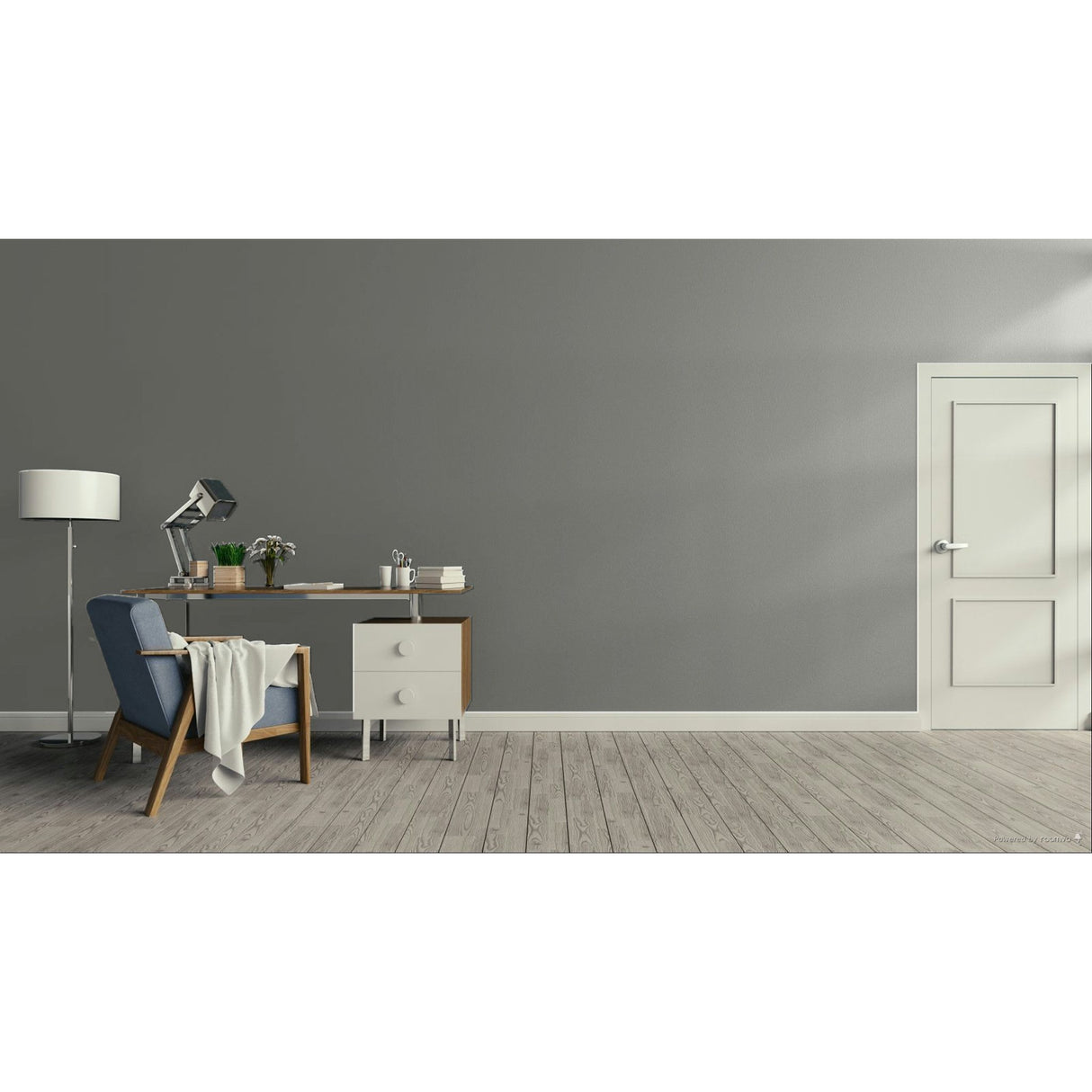 A minimalist room scene with a gray wall, light wood floor, white door, desk, chair, lamp, and small cabinet.