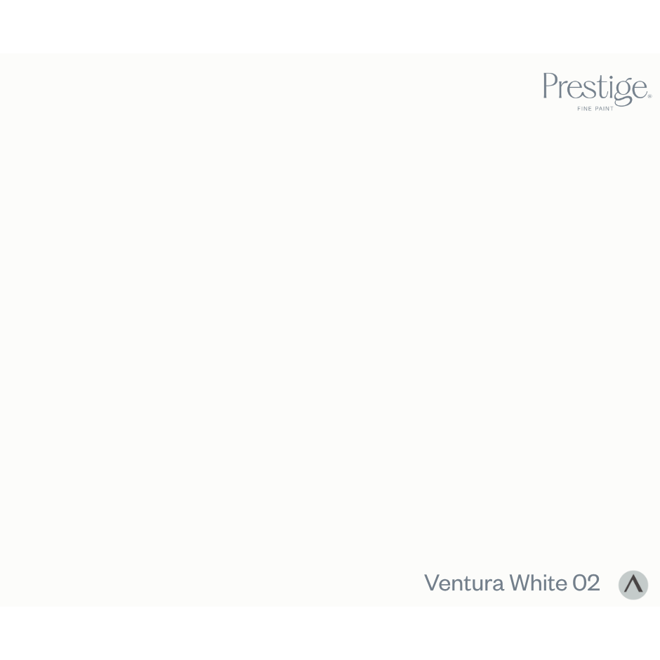 A flat, clean white color swatch card labeled 'Prestige.' in the top right and 'Ventura White 02' with a small triangle icon in the bottom right.