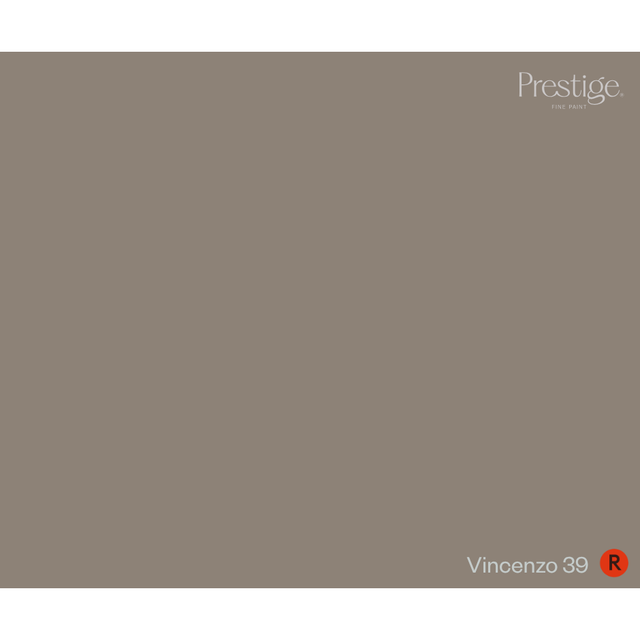 A solid color swatch card for Prestige Vinyl Pro, showing the color 'Vincenzo 39' (a warm taupe-gray) with the Prestige logo in the top right and the color name in the bottom right.