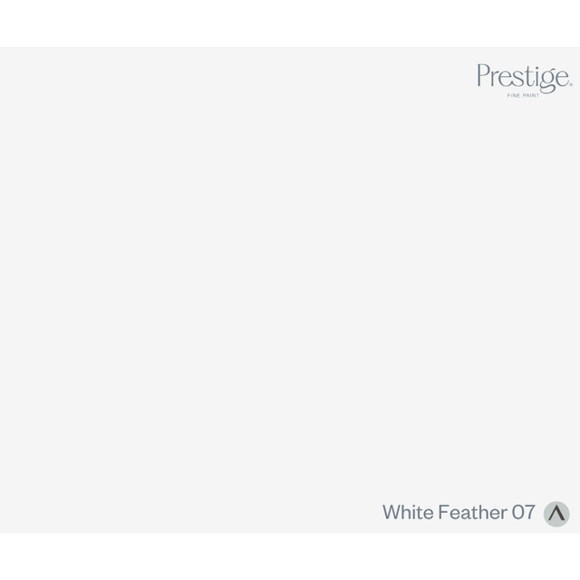 A minimalist color swatch card for Prestige Fine Print, showing a solid off-white background with the text 'White Feather 07' in the bottom right corner.