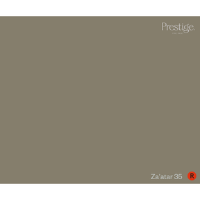 A solid color swatch card for Prestige Fine Paint in the shade 'Za'atar 35', featuring a warm taupe-gray color with the Prestige logo in the top right and the shade name in the bottom right.