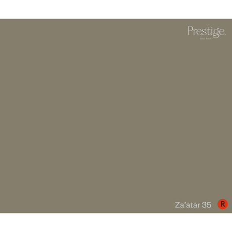 A solid color swatch card for Prestige Fine Paint in the shade 'Za'atar 35', featuring a warm taupe-gray color with the Prestige logo in the top right and the shade name in the bottom right.