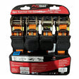 A 4-piece ProTool ratchet tie-down set in its original retail blister packaging, featuring four black and orange straps with brass metal hardware.
Protool Ratchet Tie Down Set | 4 Piece Cargo Straps | Ireland