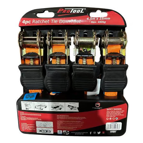 A 4-piece ProTool ratchet tie-down set in its original retail blister packaging, featuring four black and orange straps with brass metal hardware.
Protool Ratchet Tie Down Set | 4 Piece Cargo Straps | Ireland