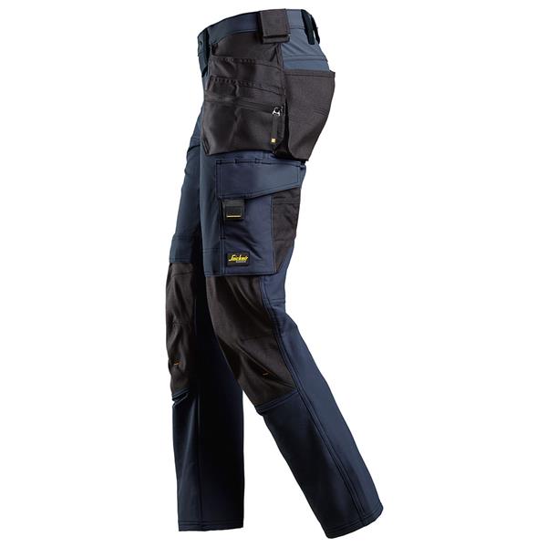 Navy and black work pants with multiple pockets on a white background. Snickers 6271 AllroundWork Full Stretch Trousers Holster Pockets