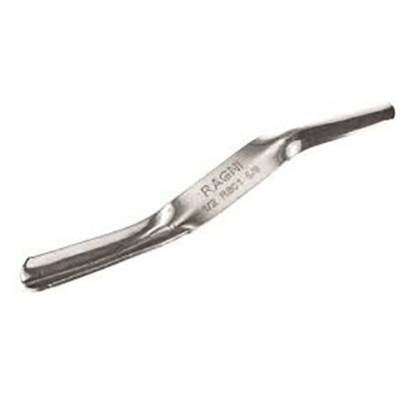 A single metallic curved tool or blade component on a plain white background, with engraved text reading 'R.A.