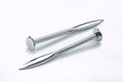 Two long metallic nails with twisted shanks and flat round heads, photographed on a clean white background.