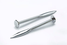 Two long metallic nails with twisted shanks and flat round heads, photographed on a clean white background.