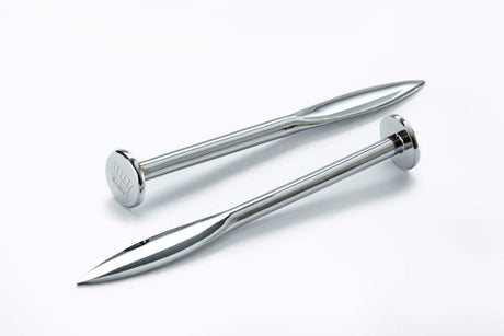 Two long metallic nails with twisted shanks and flat round heads, photographed on a clean white background.