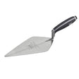 A metal trowel with a textured silver blade and a black and gray ergonomic handle, shown on a plain white background.