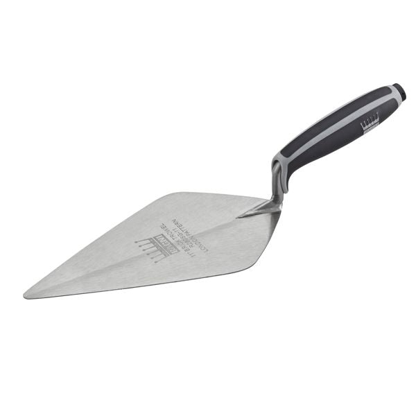 A metal trowel with a textured silver blade and a black and gray ergonomic handle, shown on a plain white background.