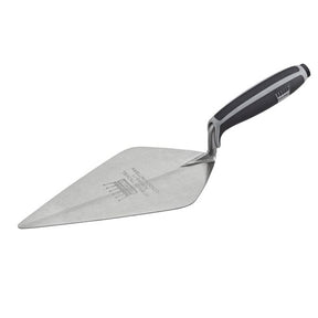 A metal trowel with a textured silver blade and a black and gray ergonomic handle, shown on a plain white background.