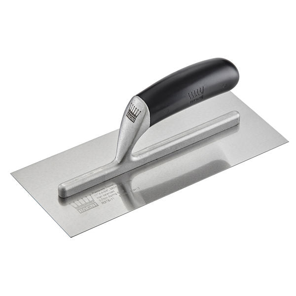A stainless steel trowel with a black plastic handle, shown at an angle on a clean white background. The brand name 'Mau' is visible on both the handle and the blade.