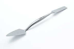 A stainless steel miniature trowel with a long handle and flat blade, shown diagonally on a clean white background.