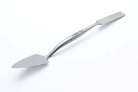 A stainless steel miniature trowel with a long handle and flat blade, shown diagonally on a clean white background.