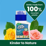 A bottle of Rose Clear Ultra Shield aphid and mite control spray for roses, shown against a bright blue background with decorative yellow and pink roses and green leaves. A green heart-shaped badge states 'Bottle made from 100% recycled plastic' and a green banner at the bottom reads 'Kinder to Nature'.