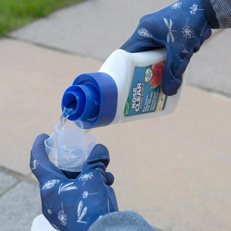 Person wearing blue gloves pouring liquid from a bottle labeled 'Rose Clear' into a small container.