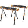 Two COLT Roughneck portable work platforms with black and orange striped tops and silver and black legs, shown on a plain white background. Roughneck Colt Folding Saw Horse Twin Pack