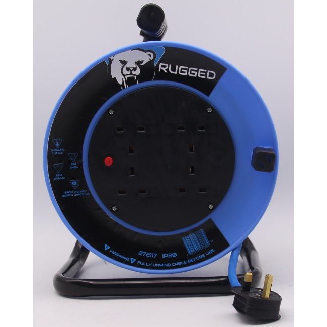Rugged 25Mtr 4 Socket 13A Cable Reel 240V BS Plug 13A 2.5mm Core