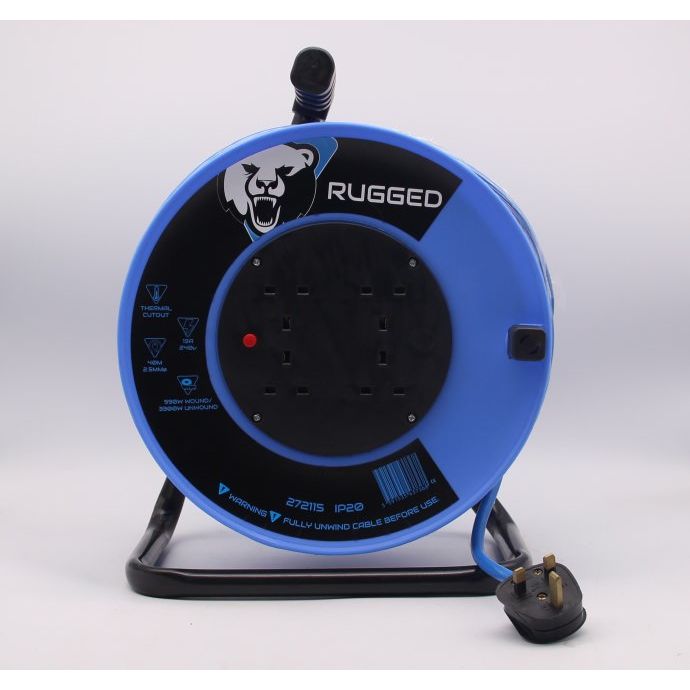 Rugged 40Mtr 4 Socket 13A Cable Reel 240V BS Plug 13A 2.5mm Core