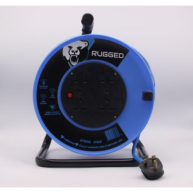 Rugged 40Mtr 4 Socket 13A Cable Reel 240V BS Plug 13A 2.5mm Core