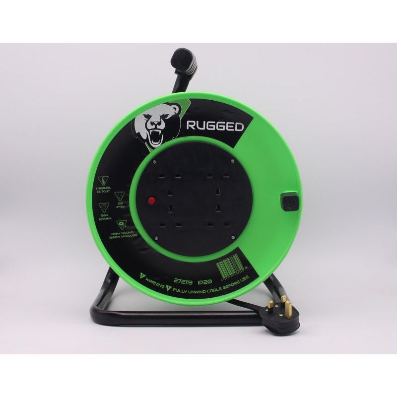 Rugged 50Mtr 4 Socket 13A Cable Reel 240V BS Plug 13A 1.25mm Core