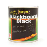 A can of Rustins Quick Dry Blackboard Black paint, featuring a black label with white and yellow text, a chalkboard graphic, and green side panels, set against a plain white background.