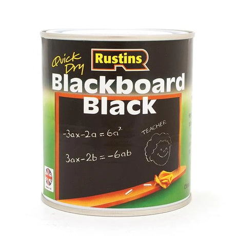 A can of Rustins Quick Dry Blackboard Black paint, featuring a black label with white and yellow text, a chalkboard graphic, and green side panels, set against a plain white background.