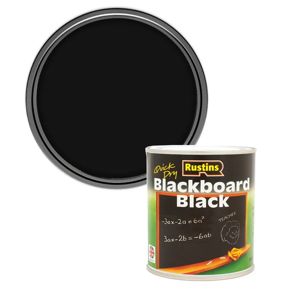 Rustins Blackboard Black paint can with a black paint swatch on a white background
