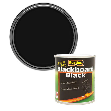 Rustins Blackboard Black paint can with a black paint swatch on a white background